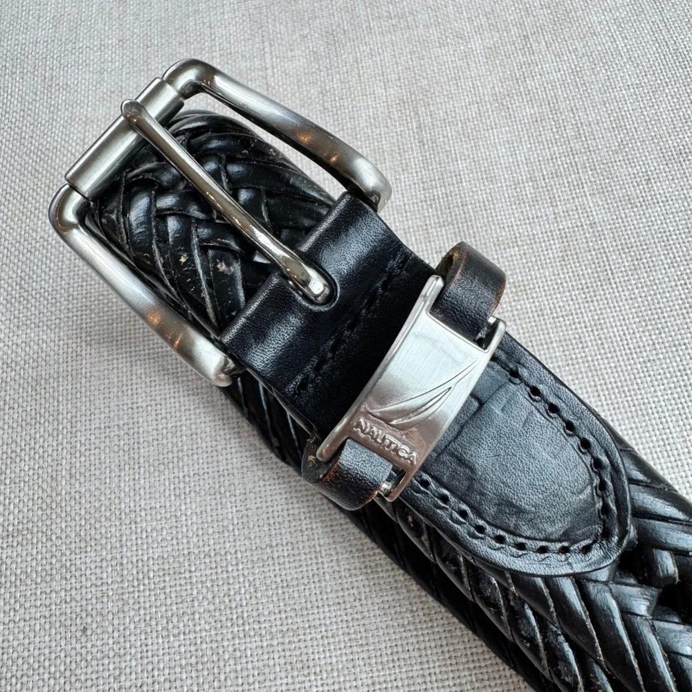 Nautica Men Black Braided Bonded Leather Belt Silver Buckle Size 40 Woven Casual